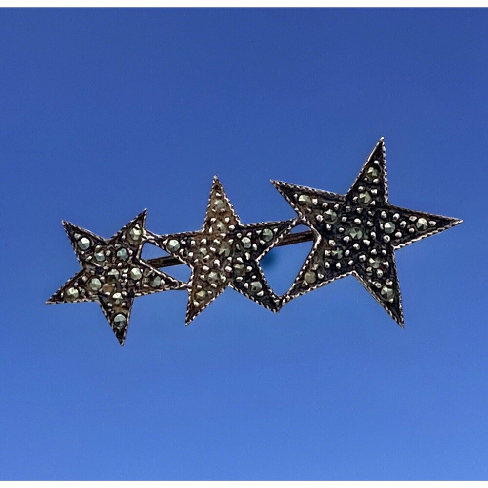 Vintage Ascending Three Star Brooch Marcasite 925